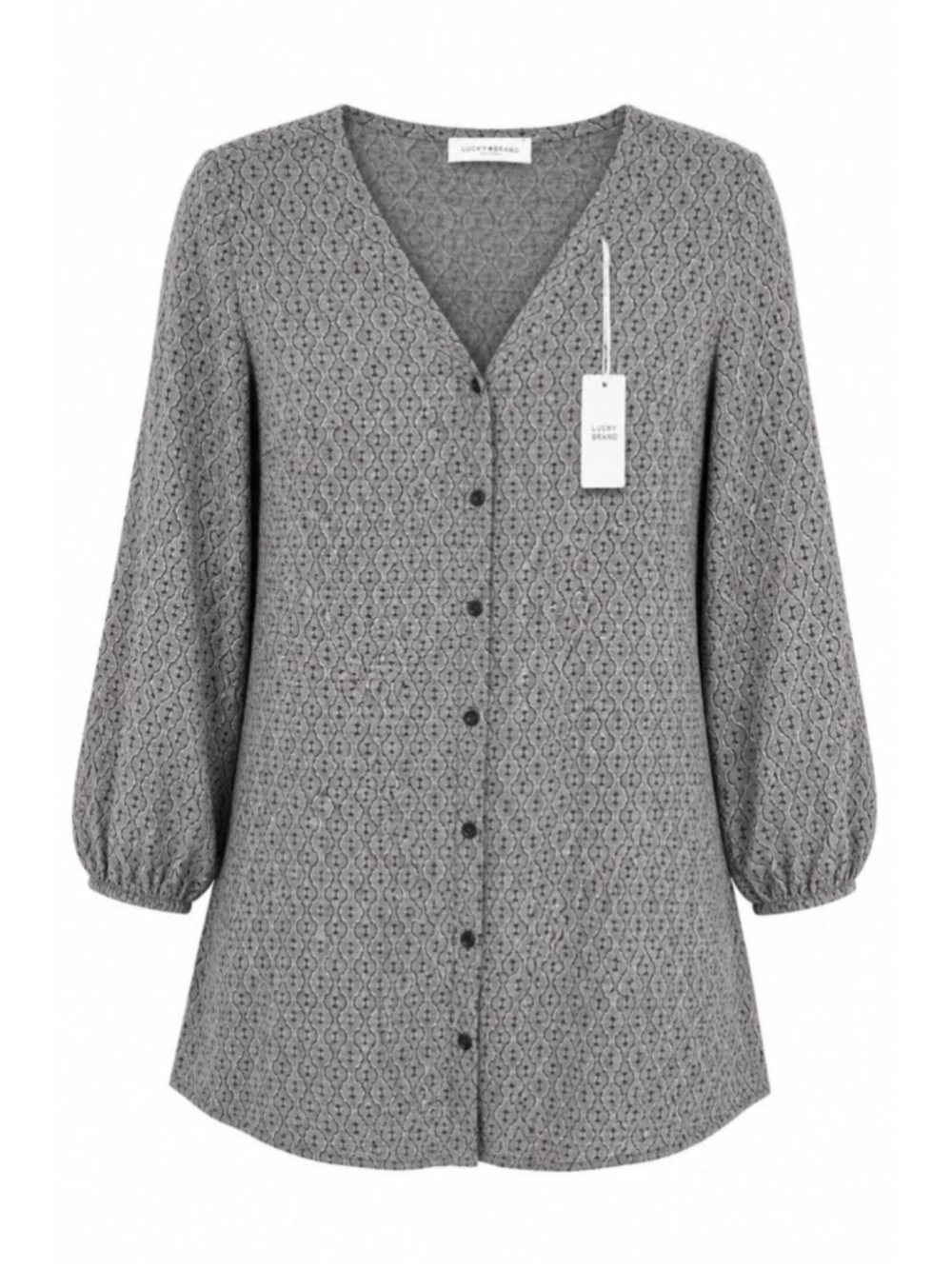 Lucky Brand Gray Geometric Print Button Front Tunic Blouse Long Sleeve NWT M